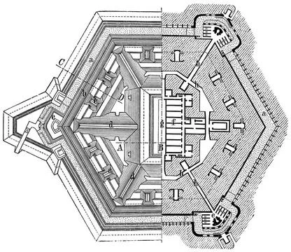 Ground plan of a typical fort. Publication of the book Meyers Konversation... Stock Photos