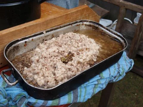 Ground pork ready for white pudding, home slaughter of pig Stock Photos