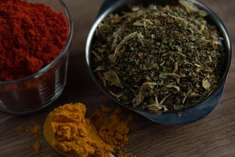 Ground red culinary condiment made from annatto (Bixa orellana) Stock Photos