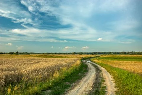 A ground road through the fields, clouds and sky Stock Photos