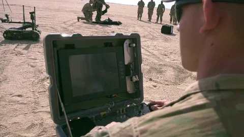 Ground robot being used for small arms ammunition demolition in Kuwait Stock Footage 84091401