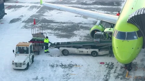 Ground staff working on luggage unloading at airport Stock Footage 327363566