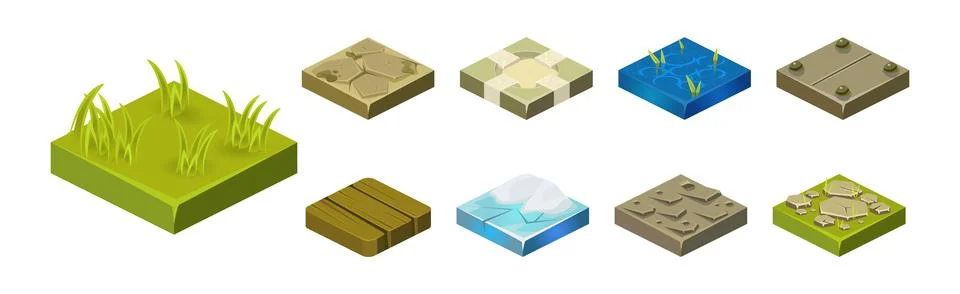 Ground Textures Game Surface and Platform Square Isometric Vector Template Set Stock Illustration
