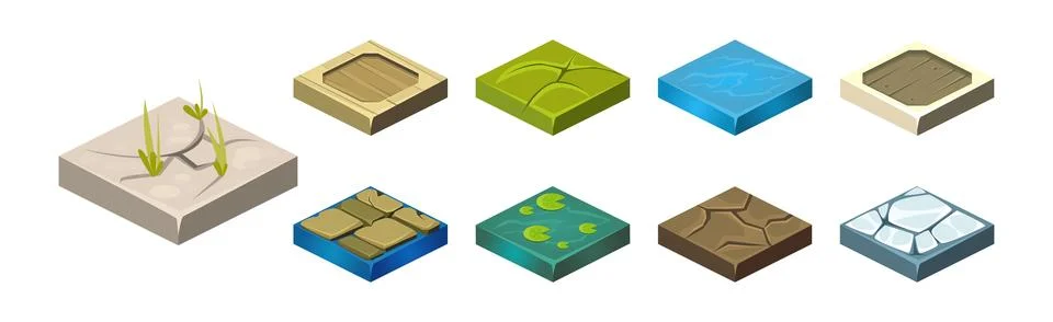 Ground Textures Game Surface and Platform Square Isometric Vector Template Set Stock Illustration