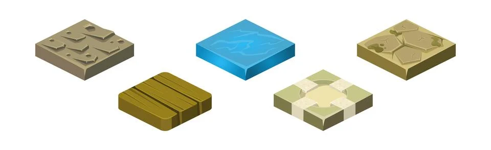 Ground Textures Game Surface and Platform Square Isometric Vector Template Set Stock Illustration