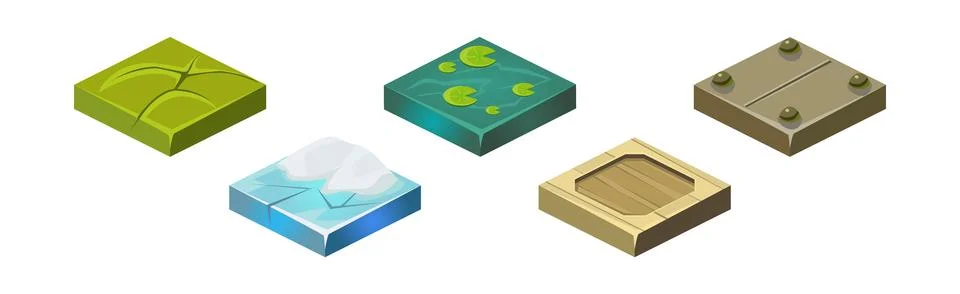 Ground Textures Game Surface and Platform Square Isometric Vector Template Set Stock Illustration