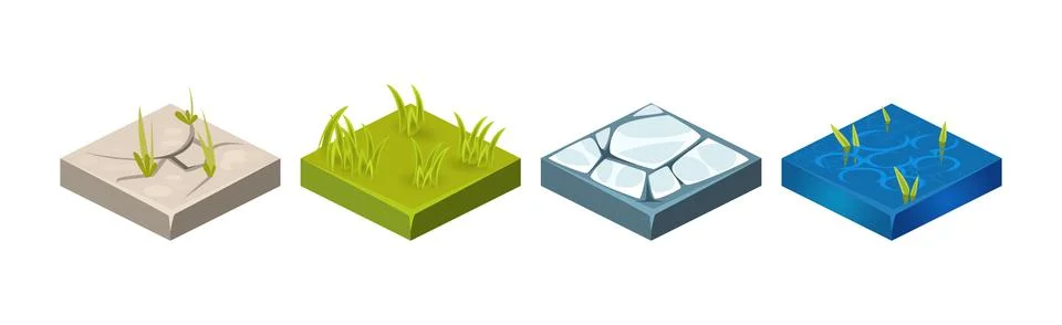 Ground Textures Game Surface and Platform Square Isometric Vector Template Set Stock Illustration