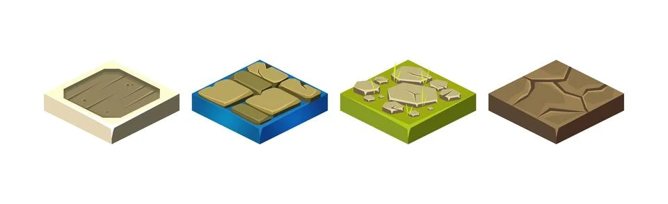 Ground Textures Game Surface and Platform Square Isometric Vector Template Set Stock Illustration