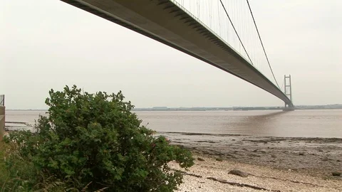 Ground view of the Humber Bridge crossing the estuary at Kingston-upon-Hull, UK Stock Footage 105267096