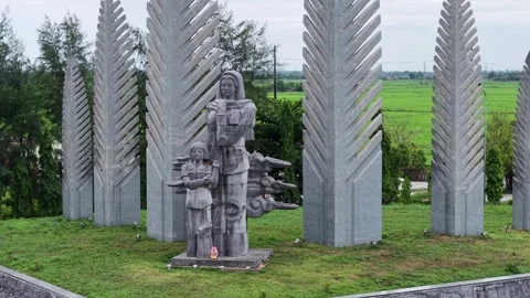 Ground view of Reunification Monument with soldier statues 4K Stock Footage 339865341
