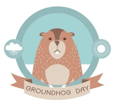 Groundhog day.Marmot in vector label isolated on white Stock Illustration