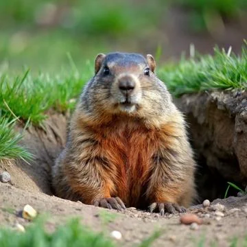 Groundhog-emerging-from-a-burrow-in-early-spring- Stock Photos