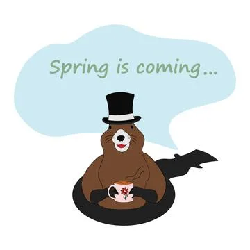 Groundhog in a hat with a cup coming out of his hole and a shadow with lettering Illustrazione stock