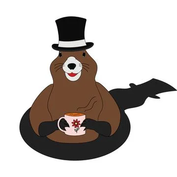 A Groundhog in a hat with a steaming cup in his paws coming out of his hole Stock Illustration