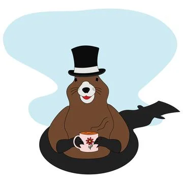 Groundhog in a hat with a steaming cup in his paws coming out of his hole Stock Illustration
