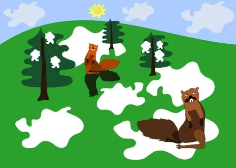 Groundhog looking at his shadow in the landscape with spruces and islets snow Stock Illustration