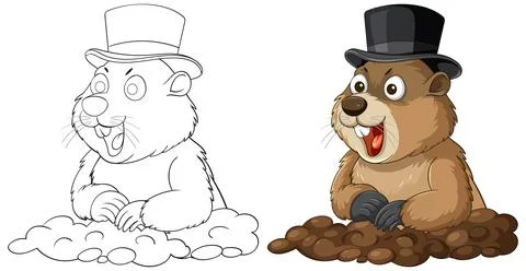Groundhog Wearing Top Hat Emerging From Burrow Vector Illustration Stock Illustration