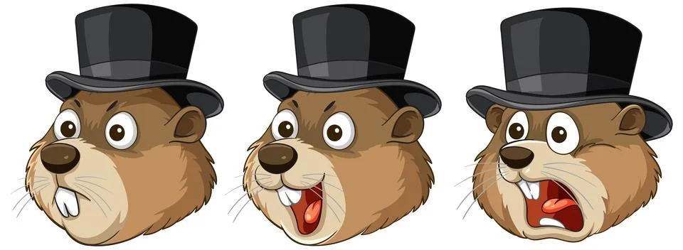 Groundhog Wearing Top Hat with Three Expressive Faces Stock Illustration