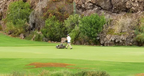 Grounds keeper mowing golf putting greens near Loreto, Mexico. Stock Footage 113349773