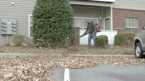 Groundskeeper Clearing Autumn Leaves with Leaf Blower Stock Footage 343938602