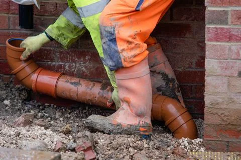 Groundworker fitting plastic drainage pipe to connect rain water pipe on new  Fotos Stock