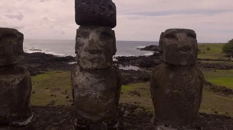 Group of 15 Moai at Tongariki, Easter Island, in the afternoon sunshine Stock Footage 63299596