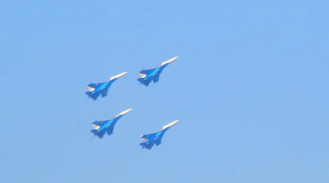 Group 4 fighter performs lifting coup in the sky Stock Footage 33376475