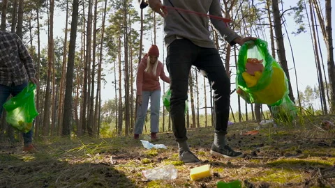 Group of 4 multi ethnical friends cleaning forest from the trash and garbage. Stock Footage 116731682