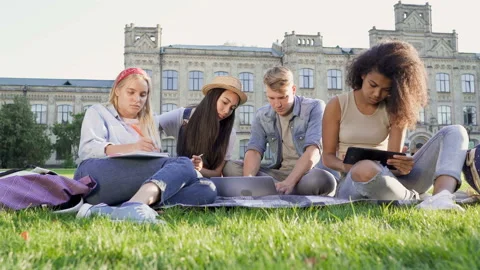 Group of 4 students (or friends) sitting on the grass near the college. Stock Footage 120249916