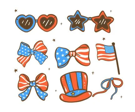 Group of 4th of July American Flag, Hat, sunglassses and Bow Hand Drawn Doo.. 스톡 일러스트