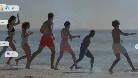 Group of 6 friends running into surf after leader taking step, shield overlay Stockbeeldmateriaal 333077806