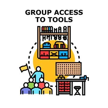 Group accessing shared tools and equipment concept Stock Illustration