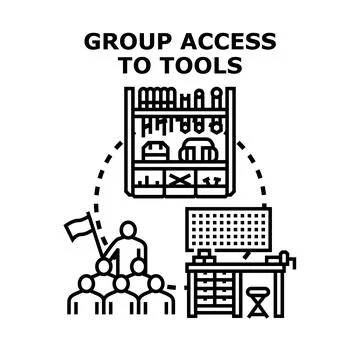 Group accessing shared tools and equipment concept Stock Illustration