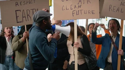Group of activists and protestors attend climate strike and manifestation Stock Footage 326369665