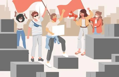 Group of activists at meeting in the city vector flat cartoon illustration. Men Stock Illustration