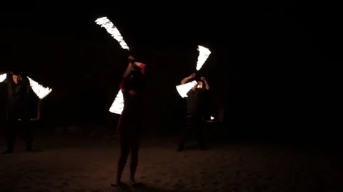 Group of actors shows fire show in the old German fort. Stock Footage 79698126