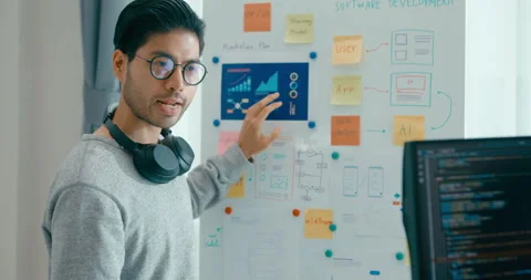 Group adult Asia software developers mentor leader manager talk prompt AI. Stock Footage 312194441