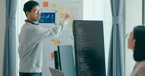 Group adult Asia software developers mentor leader manager talk prompt AI. Stock Footage 312194518