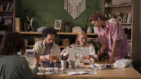 Group of Adults Learning Sewing in Creative Workshop Stock Footage 341943214