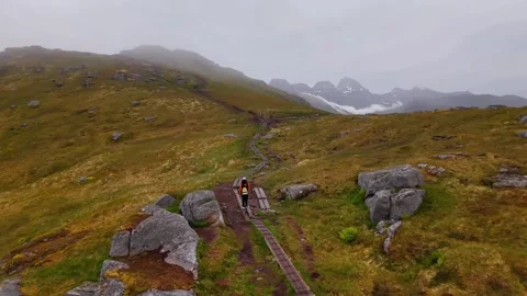 Group of adventurers navigating through obscured scenery. Hiking companions move Stock Footage 327917621