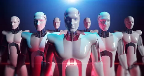 Group Of AI Humanoid Robots Headbanging. Lasers And Lights Around. Stock Footage 258280636