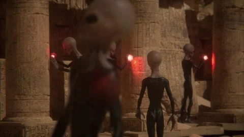 Group of aliens exploring ancient pharaonic temple with magical red lights Stock Footage 291804283