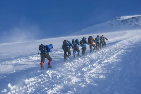 A group of alpinists on their way to the Elbrus Stock Photos