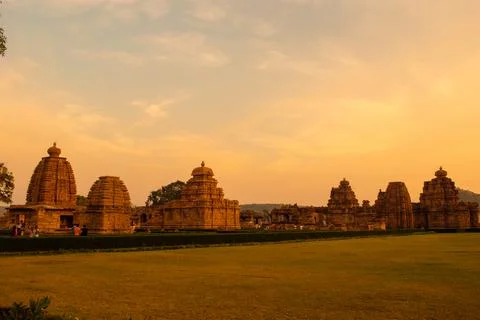 Group of ancient temples during sunset at Pattadakal ,Karnataka,India Foto stock