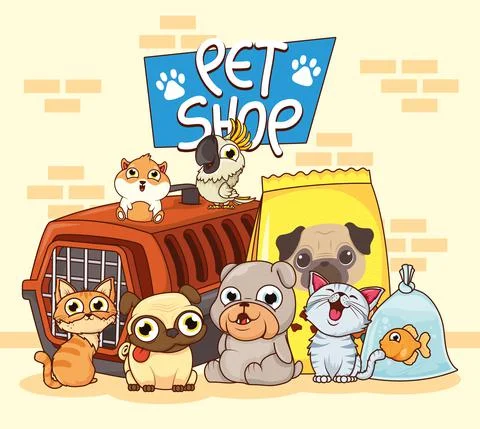 Group of animals pets with box transport and food bag Stock Illustration