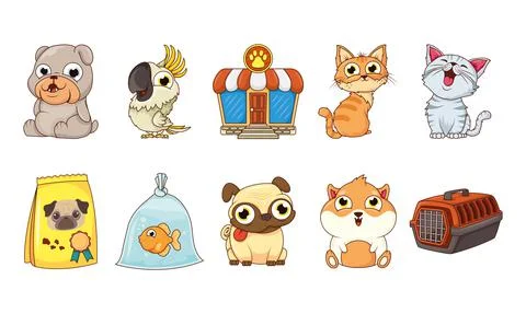 Group of animals pets characters and food bag with store facade Illustrazione stock