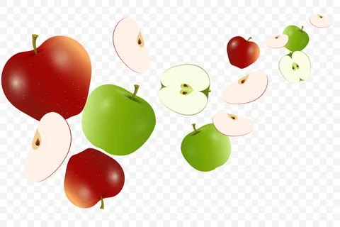 Group of apple flying background, fresh green, red apples with pieces of ap.. Stock Illustration