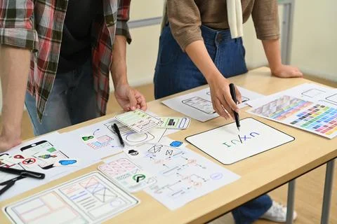 Group of application developers working on new website wireframe, planning Stock Photos