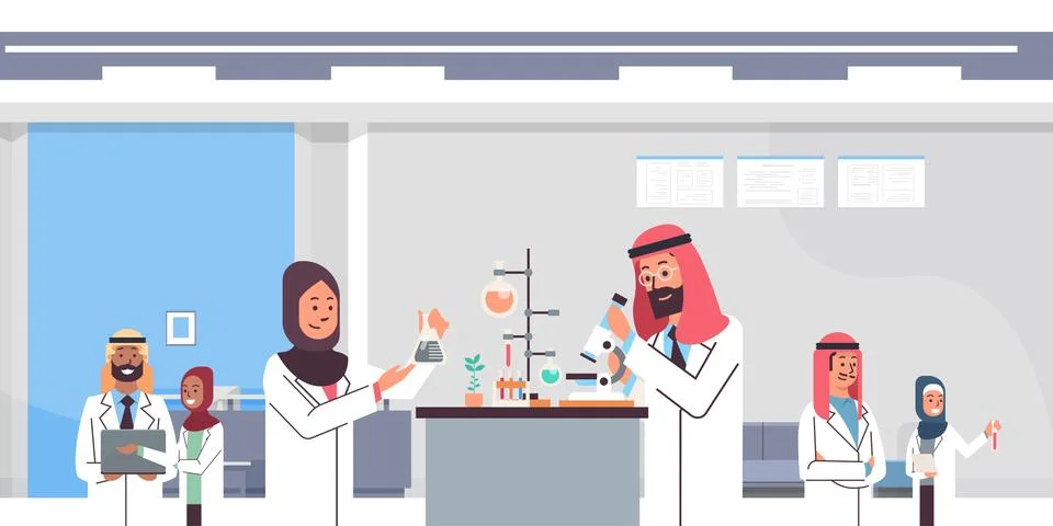 Group arabic scientists working with microscope laboratory doing research arab Stock Illustration