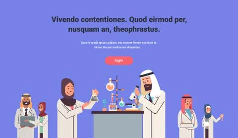 Group arabic scientists working with microscope laboratory doing research arab Stock Illustration